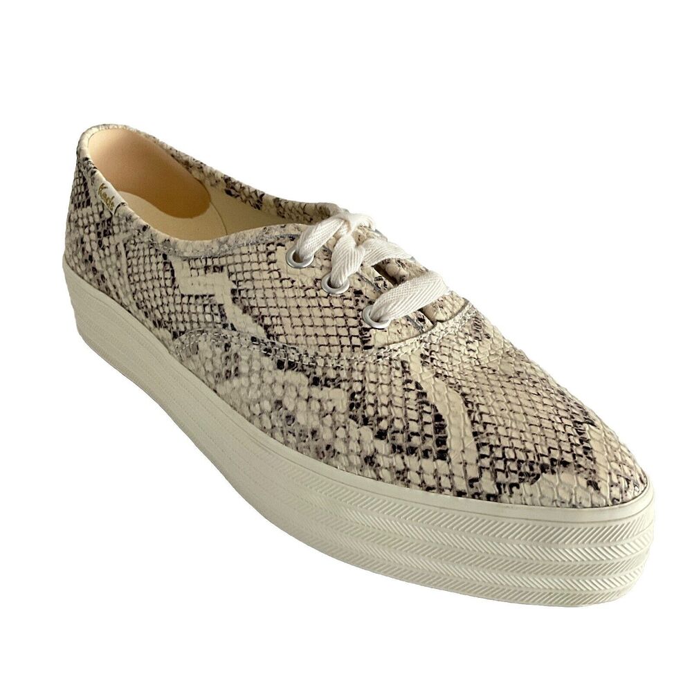 Keds Leather Platform Sneakers Snake Print Point-toe Light Beige 8